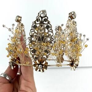 Bronze Tone Metal Tiara Crown Beaded Wired Floral Rhinestones Party Bridal
